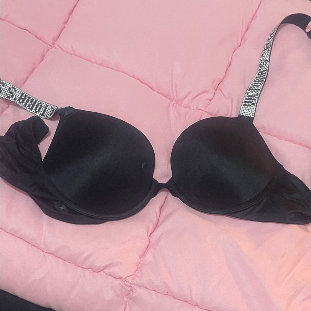 Victoria's Secret Black Push-Up Bra with Rhinestone Logo Straps